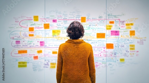 Back view of project manager writing agile sprint goals on a glass whiteboard in a modern scrum team meeting software development lifecycle