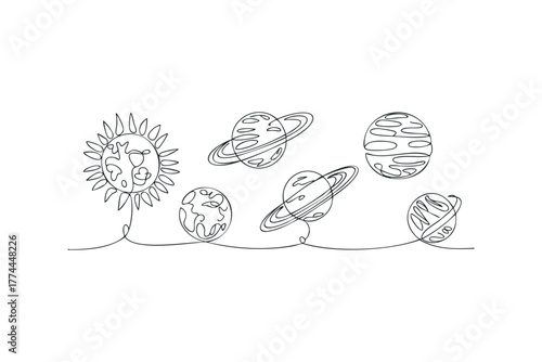 Line art solar system collection with sun and planets
