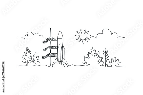 Single line drawing of a spaceship on launchpad with sun and clouds