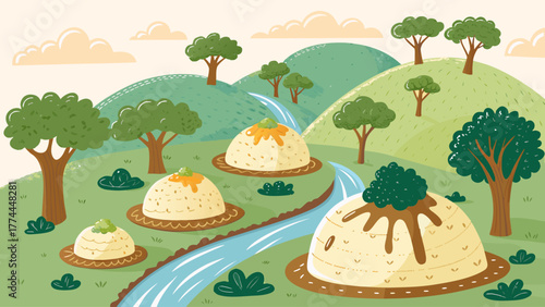 Whimsical Food Landscape with Rice Pudding Hills