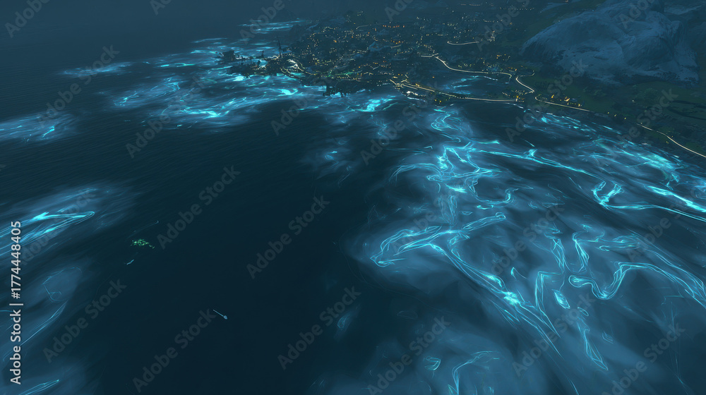 Obraz premium atlantean. Submerged Atlantean cityscapes with ancient glowing migration paths beneath rippling water. travel magazines, destination branding, designed for outdoor magazines and nature guides.