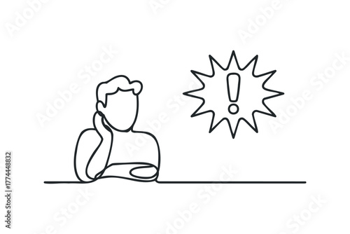 Person resting chin on hand with exclamation symbol