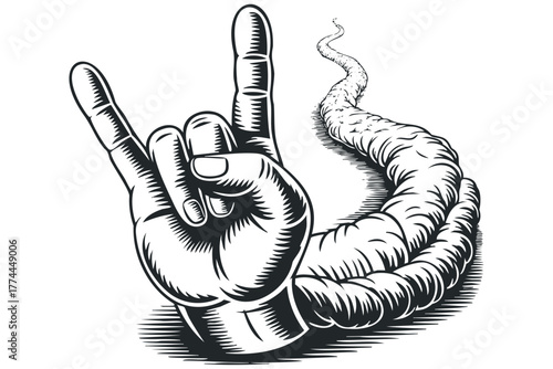 Rock and roll hand gesture with smoke trail