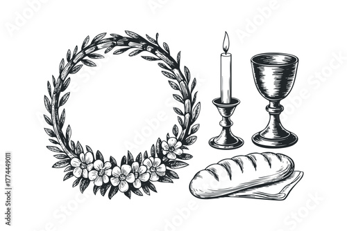 Floral wreath with bread, chalice and candle