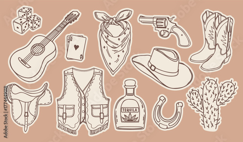 Wild west cowboy stickers set. Retro elements collection. 