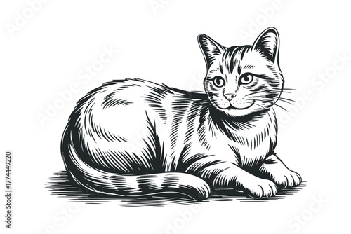 Tabby cat resting on a white background