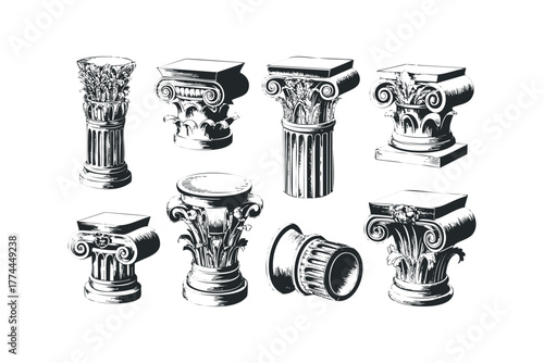 Collection of Classical Architectural Column Capitals and Bases