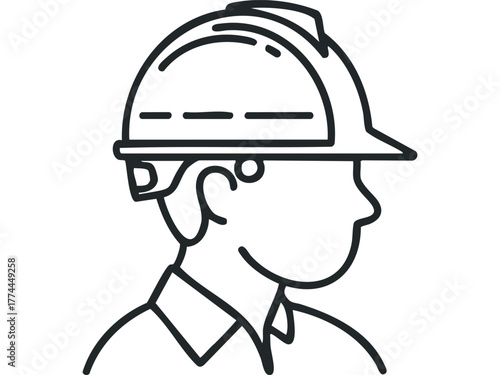 Line art profile of construction worker in hard hat
