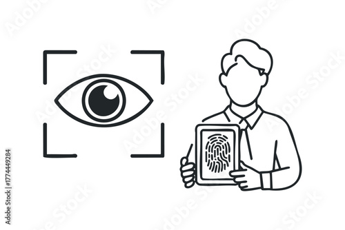 Person holding fingerprint scanner device with eye scan icon