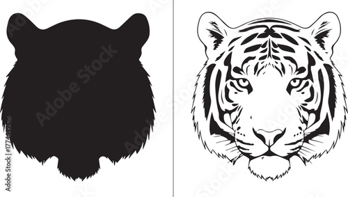 Tiger head vector graphic, outline, and silhouette template for logo or mascot design