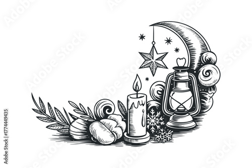 Crescent moon with star, candle, lantern and foliage
