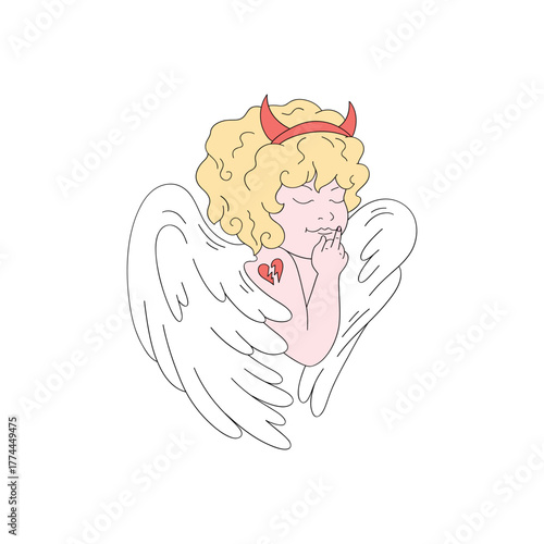 Sassy Cupid with Devil Horns and Broken Heart Tattoo Showing Middle Finger Clipart, Funny Anti Valentines Day Sarcastic Love Rebel Illustration for T-Shirt Design, Scrapbooking and Stickers