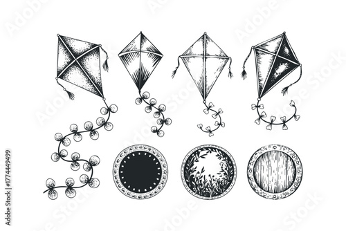 Four detailed kite designs with decorative circular elements