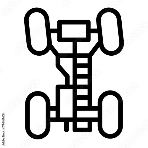 Car chassis with wheels and exhaust pipe line icon, car parts concept. Vector graphics. Chassis sign on white background, style icon mobile or web design.
