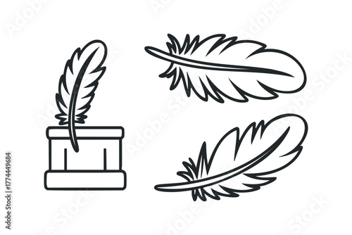 Quill Pen Inkwell Set Icon Line Art