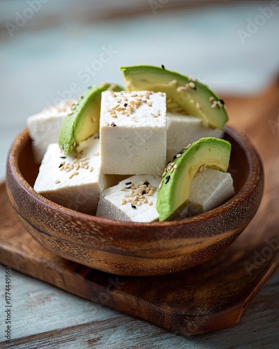 Tofu and Avocado Cubes in Wooden Bowl.