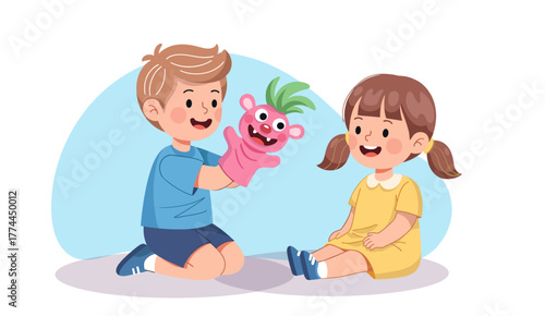 Kids playing with puppets game with fiction animal doll glove. Happy cute boy and girl having fun with toys on hands, dolls. Creative kindergarten game.