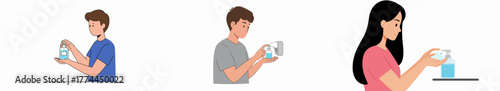 Collection of illustrations showing people using hand sanitizer and soap dispensers for personal hygiene, health protection, and disease prevention on white background.