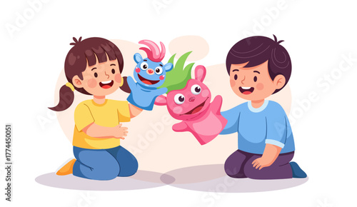 Kids playing with puppets game with fiction animal doll glove. Happy cute boy and girl having fun with toys on hands, dolls. Creative kindergarten game.