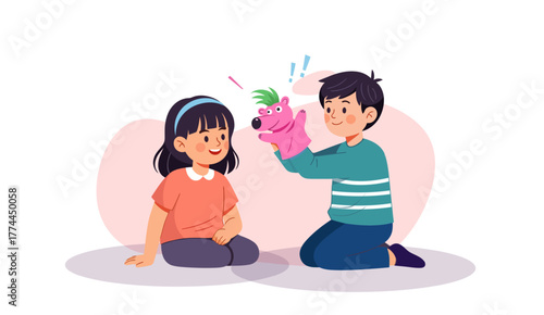 Kids playing with puppets game with fiction animal doll glove. Happy cute boy and girl having fun with toys on hands, dolls. Creative kindergarten game.