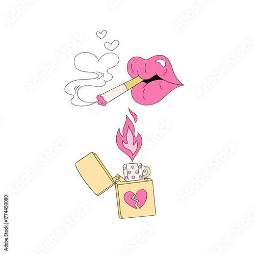 Sassy Woman Lips with Cigarette and Lighter Clipart, Funny Anti Valentines Day Sarcastic Love Retro Aesthetic Illustration for T-Shirt Design, Scrapbooking and Stickers