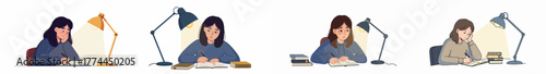 Vector set of tired female students studying late at night under desk lamps, facing academic pressure and exhaustion.
