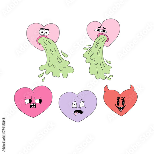 Funny Spooky Burping Hearts Characters Clipart, Anti Valentines Day Sarcastic Love Retro Aesthetic Illustration for T-Shirt Design, Scrapbooking and Stickers