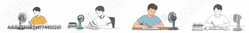 Four illustrations of a young man studying at a desk with an electric fan providing cooling air to beat the summer heat.
