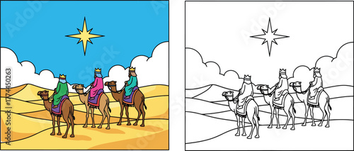 Cartoon Three Wise Men on Camels Following Star Desert Journey Christmas Magi Illustration with Coloring Page