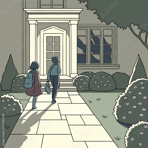 Two children with backpacks walk up a stone path towards a house with a broken window at dusk