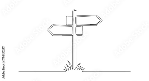 One continuous line drawing of a signpost with multiple arrows, symbolizing future choices, diverging paths, and crucial decision-making opportunities