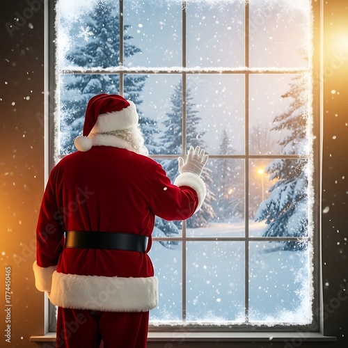 Santa Claus looking out a frosty window at a snowy winter scene.