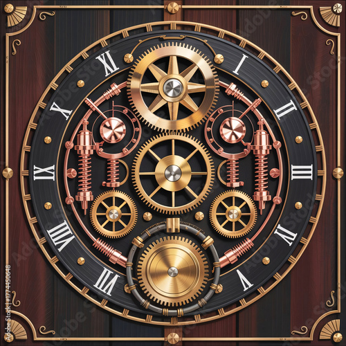 Steampunk clock face with brass gears, cogs and springs, copper mechanisms and Roman numerals on wood, ornate mechanical timepiece illustration for vintage design