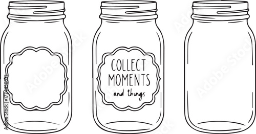 Set of three mason jar illustrations with decorative labels and inspirational quote vector design for lifestyle and decor themes