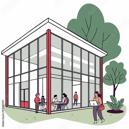 Modern glass building with people working and studying outdoors and inside on a sunny day