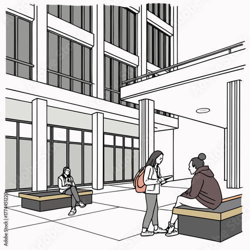 Modern building exterior with students relaxing and socializing on benches outdoors