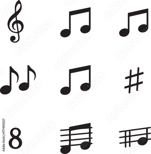 Grid of nine black musical symbols including clefs, notes, sharps, and rhythmic beams vector illustration for music themes