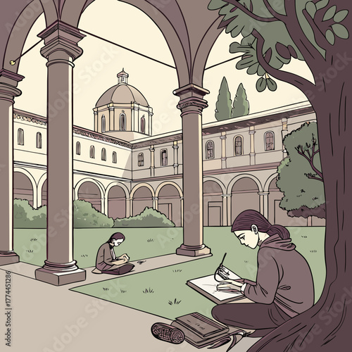 Two students sketching and reading in a courtyard with classical architecture and a dome
