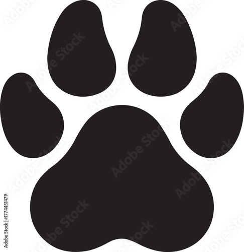 Black silhouette of animal paw print with four toe pads and central pad vector illustration for pet and wildlife themes