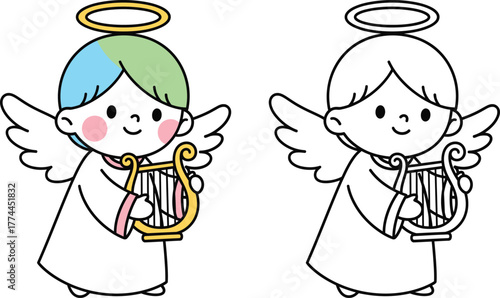 Cute Cartoon Angel Playing a Harp with Halo and Wings  Sweet and Heavenly Religious Illustration