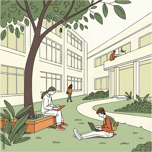 Students studying and working on laptops outdoors on a college campus with modern buildings and trees