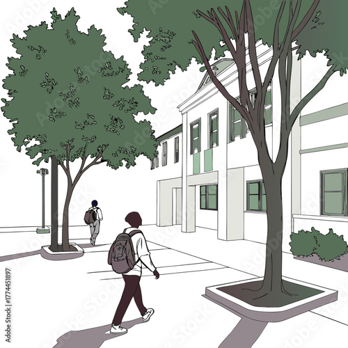 Students with backpacks walking on a sidewalk in front of a building with trees