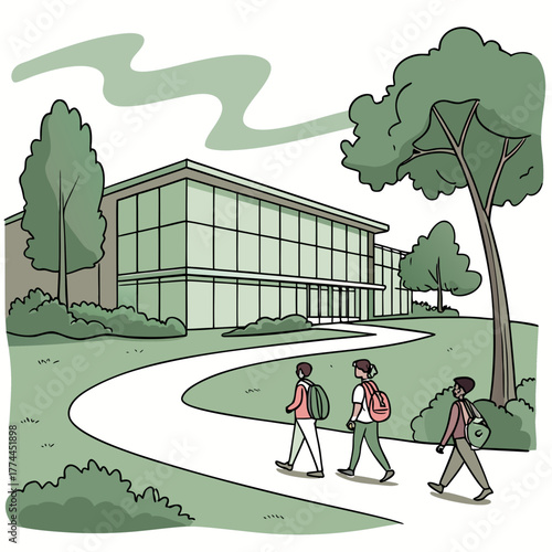 Three diverse students walk along a winding path towards a modern glass building on a sunny day