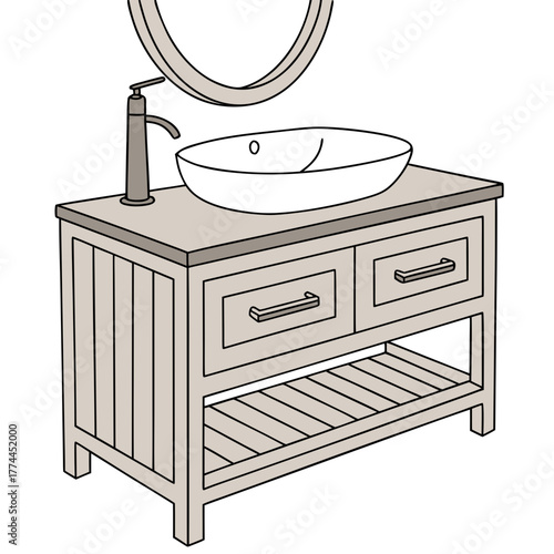 Modern bathroom vanity with vessel sink faucet and oval mirror illustration