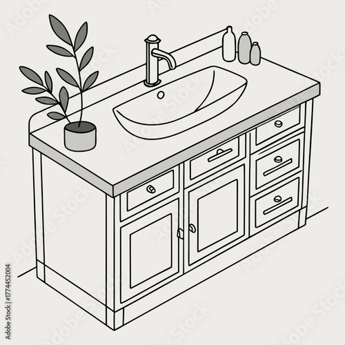 Modern bathroom vanity with sink faucet and decorative plant in a minimalist line art style