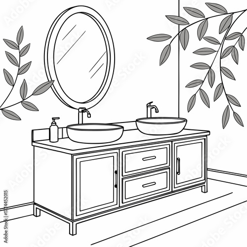 Modern bathroom vanity with double vessel sinks and an oval mirror adorned with leafy branches