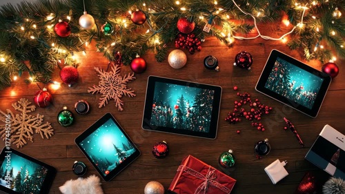 Cozy holiday setting with christmas decorations and digital devices on a wooden table