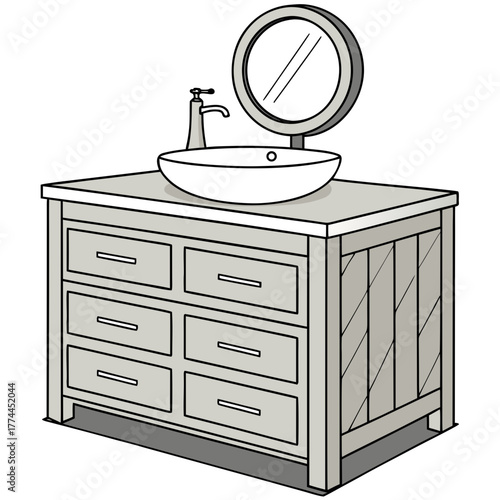 Modern bathroom vanity with vessel sink faucet and round mirror illustration