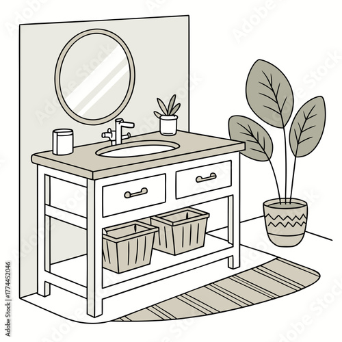 Modern bathroom vanity with sink mirror and potted plants creating a clean and organized space