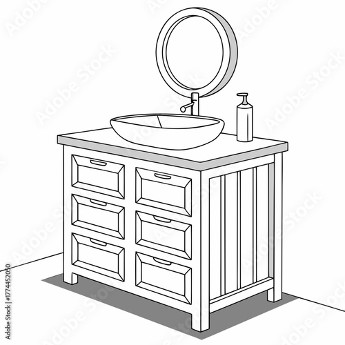 Clean line drawing of a modern bathroom vanity with vessel sink and round mirror